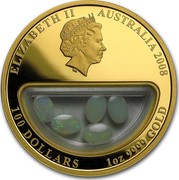 Australia 100 Dollars Treasures of Australia - Opals 2008 ELIZABETH II AUSTRALIA 2008 100 DOLLARS 1 OZ 9999 GOLD IRB coin obverse Australia 100 Dollars Treasures of Australia - Opals 2008 ELIZABETH II AUSTRALIA 2008 100 DOLLARS 1 OZ 9999 GOLD IRB coin obverse