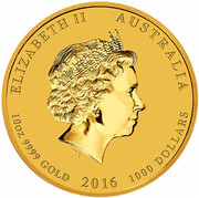 Australia 1000 Dollars Year of the Monkey 2016 ELIZABETH II AUSTRALIA 10 OZ 9999 GOLD 2016 1000 DOLLARS IRB coin obverse Australia 1000 Dollars Year of the Monkey 2016 ELIZABETH II AUSTRALIA 10 OZ 9999 GOLD 2016 1000 DOLLARS IRB coin obverse