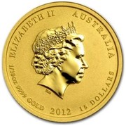 Australia 15 Dollars Year of the Dragon (Colorized) 2012 ELIZABETH II AUSTRALIA 1/10 OZ 9999 GOLD 2012 15 DOLLARS IRB coin obverse Australia 15 Dollars Year of the Dragon (Colorized) 2012 ELIZABETH II AUSTRALIA 1/10 OZ 9999 GOLD 2012 15 DOLLARS IRB coin obverse