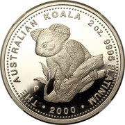 Australia 200 Dollars Koala on a tree 2000 THE AUSTRALIAN KOALA 2 OZ. 9995 PLATINUM P ∙ 2000 ∙ coin reverse Australia 200 Dollars Koala on a tree 2000 THE AUSTRALIAN KOALA 2 OZ. 9995 PLATINUM P ∙ 2000 ∙ coin reverse
