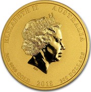 Australia 200 Dollars Year of the Dog 2018 ELIZABETH II AUSTRALIA 2OZ 9999 GOLD 2018 200 DOLLARS IRB coin obverse Australia 200 Dollars Year of the Dog 2018 ELIZABETH II AUSTRALIA 2OZ 9999 GOLD 2018 200 DOLLARS IRB coin obverse