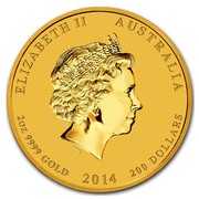Australia 200 Dollars Year of the Horse 2014 KM# 2106 ELIZABETH II AUSTRALIA 2 OZ 9999 GOLD 2014 200 DOLLARS IRB coin obverse Australia 200 Dollars Year of the Horse 2014 KM# 2106 ELIZABETH II AUSTRALIA 2 OZ 9999 GOLD 2014 200 DOLLARS IRB coin obverse