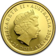 Australia 25 Dollars (150th Anniversary First Australian Sovereign) KM# 868 ELIZABETH II AUSTRALIA 2005 25 DOLLARS IRB coin obverse Australia 25 Dollars (150th Anniversary First Australian Sovereign) KM# 868 ELIZABETH II AUSTRALIA 2005 25 DOLLARS IRB coin obverse