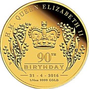 Australia 25 Dollars Her Majesty Queen Elizabeth II 90th Birthday 2016 H. M. QUEEN ELIZABETH II 90TH P BIRTHDAY 21 - 4 - 2016 1/4 OZ 9999 GOLD coin reverse Australia 25 Dollars Her Majesty Queen Elizabeth II 90th Birthday 2016 H. M. QUEEN ELIZABETH II 90TH P BIRTHDAY 21 - 4 - 2016 1/4 OZ 9999 GOLD coin reverse