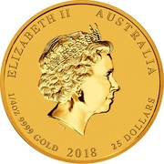 Australia 25 Dollars Year of the Dog 2018 ELIZABETH II AUSTRALIA 1/4 OZ 9999 GOLD 2018 25 DOLLARS IRB coin obverse Australia 25 Dollars Year of the Dog 2018 ELIZABETH II AUSTRALIA 1/4 OZ 9999 GOLD 2018 25 DOLLARS IRB coin obverse