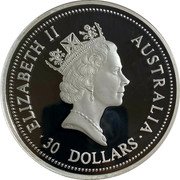 Australia 30 Dollars Kookaburras at a nest 1996 ELIZABETH II AUSTRALIA 30 DOLLARS coin obverse Australia 30 Dollars Kookaburras at a nest 1996 ELIZABETH II AUSTRALIA 30 DOLLARS coin obverse