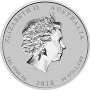 Australia 30 Dollars Year of the Dog 2018 2018 ELIZABETH II AUSTRALIA 1 KG 9999 AG 2018 30 DOLLARS IRB coin obverse Australia 30 Dollars Year of the Dog 2018 2018 ELIZABETH II AUSTRALIA 1 KG 9999 AG 2018 30 DOLLARS IRB coin obverse