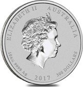Australia 300 Dollars Year of the Rooster 2017 ELIZABETH II AUSTRALIA 10 KG 9999 AG 2017 300 DOLLARS IRB coin obverse Australia 300 Dollars Year of the Rooster 2017 ELIZABETH II AUSTRALIA 10 KG 9999 AG 2017 300 DOLLARS IRB coin obverse
