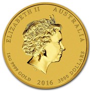 Australia 3000 Dollars Year of the Monkey 2016 ELIZABETH II AUSTRALIA 1 KG 9999 GOLD 2016 3000 DOLLARS IRB coin obverse Australia 3000 Dollars Year of the Monkey 2016 ELIZABETH II AUSTRALIA 1 KG 9999 GOLD 2016 3000 DOLLARS IRB coin obverse