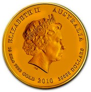 Australia 30000 Dollars Year of the Tiger 2010 ELIZABETH II AUSTRALIA 10 KILO 9999 GOLD 2010 30000 DOLLARS IRB coin obverse Australia 30000 Dollars Year of the Tiger 2010 ELIZABETH II AUSTRALIA 10 KILO 9999 GOLD 2010 30000 DOLLARS IRB coin obverse