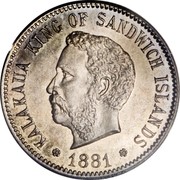 USA 5 Cents Hawaii Kalakaua (Pattern) 1881 KM# 2 KALAKAUA KING OF SANDWICH ISLANDS coin obverse USA 5 Cents Hawaii Kalakaua (Pattern) 1881 KM# 2 KALAKAUA KING OF SANDWICH ISLANDS coin obverse