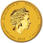 Australia 5 Dollars Galloping Horse (Colorized) 2014 ELIZABETH II AUSTRALIA 1/20 OZ 9999 GOLD 2014 5 DOLLARS IRB coin obverse Australia 5 Dollars Galloping Horse (Colorized) 2014 ELIZABETH II AUSTRALIA 1/20 OZ 9999 GOLD 2014 5 DOLLARS IRB coin obverse