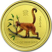 Australia 50 Dollars Year of the Monkey (Colorized) 2004 KM# 671a 2004 1/2 OZ 9999 GOLD coin reverse Australia 50 Dollars Year of the Monkey (Colorized) 2004 KM# 671a 2004 1/2 OZ 9999 GOLD coin reverse