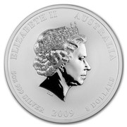 Australia 8 Dollars Year of the Ox 2009 ELIZABETH II AUSTRALIA 5 OZ 999 SILVER 2009 8 DOLLARS IRB coin obverse