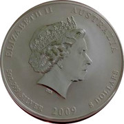 Australia 8 Dollars Year of the Ox (Colorized) 2009 ELIZABETH II AUSTRALIA 5 OZ 999 SILVER 2009 8 DOLLARS IRB coin obverse Australia 8 Dollars Year of the Ox (Colorized) 2009 ELIZABETH II AUSTRALIA 5 OZ 999 SILVER 2009 8 DOLLARS IRB coin obverse