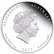 Australia 8 Dollars Year of the Rooster 2017 ELIZABETH II AUSTRALIA 5 OZ 9999 AG 2017 8 DOLLARS IRB coin obverse Australia 8 Dollars Year of the Rooster 2017 ELIZABETH II AUSTRALIA 5 OZ 9999 AG 2017 8 DOLLARS IRB coin obverse