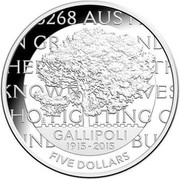 Australia Five Dollars Gallipoli Landing 2015 KM# 2197 GALLIPOLI 1915-2015 FIVE DOLLARS coin reverse Australia Five Dollars Gallipoli Landing 2015 KM# 2197 GALLIPOLI 1915-2015 FIVE DOLLARS coin reverse