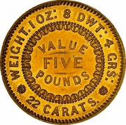 Australia Five Pounds South Australia Adelaide 1852 KM# Pn1 WEIGHT. 1 OZ: 8 DWT: 4 CRS: 22 CARATS VALUE FIVE POUNDS coin reverse Australia Five Pounds South Australia Adelaide 1852 KM# Pn1 WEIGHT. 1 OZ: 8 DWT: 4 CRS: 22 CARATS VALUE FIVE POUNDS coin reverse