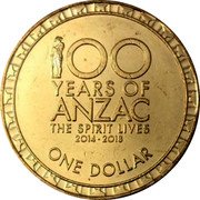 Australia One Dollar 100 Years of ANZAC 2018 100 YEARS OF ANZAC THE SPIRIT LIVES 2014 - 2018 ONE DOLLAR coin reverse Australia One Dollar 100 Years of ANZAC 2018 100 YEARS OF ANZAC THE SPIRIT LIVES 2014 - 2018 ONE DOLLAR coin reverse