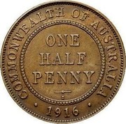 Australia One half penny George V - Mule 1916 I 5 known KM# 30 COMMONWEALTH OF AUSTRALIA ONE HALF PENNY I ∙ 1916 ∙ coin reverse Australia One half penny George V - Mule 1916 I 5 known KM# 30 COMMONWEALTH OF AUSTRALIA ONE HALF PENNY I ∙ 1916 ∙ coin reverse