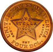 USA One Stella Stella 1879 KM# Pn1723 UNITED STATES OF AMERICA E PLURIBUS UNUM ONE STELLA 400 CENTS -DEO EST GLORIA FOUR DOL. coin reverse USA One Stella Stella 1879 KM# Pn1723 UNITED STATES OF AMERICA E PLURIBUS UNUM ONE STELLA 400 CENTS -DEO EST GLORIA FOUR DOL. coin reverse