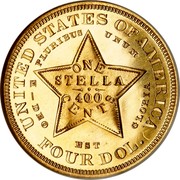 USA One Stella 400 Cents 1880 KM# Pn1745 UNITED STATES OF AMERICA E PLURIBUS UNUM ONE STELLA 400 CENTS -DEO EST GLORIA FOUR DOL. coin reverse USA One Stella 400 Cents 1880 KM# Pn1745 UNITED STATES OF AMERICA E PLURIBUS UNUM ONE STELLA 400 CENTS -DEO EST GLORIA FOUR DOL. coin reverse
