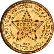 USA One Stella Flowing Hair 1880 UNITED STATES OF AMERICA E PLURIBUS UNUM ONE STELLA 400 CENTS -DEO EST GLORIA FOUR DOL. coin reverse USA One Stella Flowing Hair 1880 UNITED STATES OF AMERICA E PLURIBUS UNUM ONE STELLA 400 CENTS -DEO EST GLORIA FOUR DOL. coin reverse