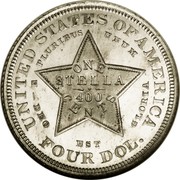USA One Stella (Flowing Hair) KM# Pn1722 UNITED STATES OF AMERICA E PLURIBUS UNUM ONE STELLA 400 CENTS -DEO EST GLORIA FOUR DOL. coin reverse USA One Stella (Flowing Hair) KM# Pn1722 UNITED STATES OF AMERICA E PLURIBUS UNUM ONE STELLA 400 CENTS -DEO EST GLORIA FOUR DOL. coin reverse
