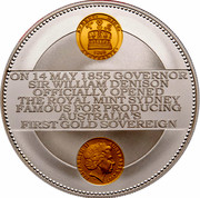 Australia Ten Dollars 150th Anniversary Sydney Mint 2005 SYDNEY MINT 1855 AUSTRALIA ON 14 MAY 1855 GOVERNOR SIR WILLIAM DENISON OFFICIALLY OPENED THE ROYAL MINT SYDNEY FAMOUS FOR PRODUCING AUSTRALIA'S FIRST GOLD SOVEREIGN ELIZABETH II AUSTRALIA 2005 IRB coin obverse Australia Ten Dollars 150th Anniversary Sydney Mint 2005 SYDNEY MINT 1855 AUSTRALIA ON 14 MAY 1855 GOVERNOR SIR WILLIAM DENISON OFFICIALLY OPENED THE ROYAL MINT SYDNEY FAMOUS FOR PRODUCING AUSTRALIA'S FIRST GOLD SOVEREIGN ELIZABETH II AUSTRALIA 2005 IRB coin obverse