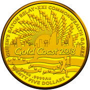 Australia Twenty Five Dollars Queen's Baton Relay 2017 QUEEN'S BATON RELAY XXI COMMONWEALTH GAMES GOLD COAST 1/4 OZ .9999 AU TWENTY FIVE DOLLARS coin reverse Australia Twenty Five Dollars Queen's Baton Relay 2017 QUEEN'S BATON RELAY XXI COMMONWEALTH GAMES GOLD COAST 1/4 OZ .9999 AU TWENTY FIVE DOLLARS coin reverse