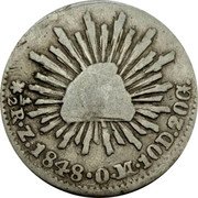 Mexico 1/2 Real Radiant Cap 1848 OM KM# 370.11 LIBERTAD 1/2R ZS 1859 V H 10DS.20GS coin reverse Mexico 1/2 Real Radiant Cap 1848 OM KM# 370.11 LIBERTAD 1/2R ZS 1859 V H 10DS.20GS coin reverse