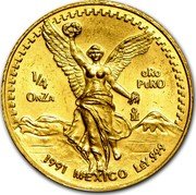Mexico 1/4 Onza Winged Victory 1992 KM# 590 1/4 ONZA ORO PURO MO 1994 MEXICO LEY .999 coin reverse Mexico 1/4 Onza Winged Victory 1992 KM# 590 1/4 ONZA ORO PURO MO 1994 MEXICO LEY .999 coin reverse
