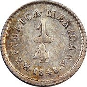 Mexico 1/4 Real Libertad 1843/2 Go LR KM# 368.5 REPUBLICA MEXICANA 1/4 1843 coin obverse Mexico 1/4 Real Libertad 1843/2 Go LR KM# 368.5 REPUBLICA MEXICANA 1/4 1843 coin obverse