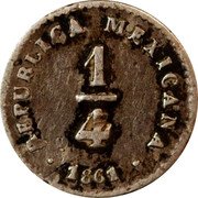 Mexico 1/4 Real Libertad 1861 KM# 368.6 REPUBLICA MEXICANA 1/4 1860 coin obverse Mexico 1/4 Real Libertad 1861 KM# 368.6 REPUBLICA MEXICANA 1/4 1860 coin obverse