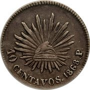 Mexico 10 Centavos Radiant Cap 1868 KM# 402 10 CENTAVOS 1867 MO coin reverse Mexico 10 Centavos Radiant Cap 1868 KM# 402 10 CENTAVOS 1867 MO coin reverse