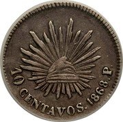 Mexico 10 Centavos Radiant Cap 1868 P KM# 402.1 10 CENTAVOS. 1868 P coin reverse Mexico 10 Centavos Radiant Cap 1868 P KM# 402.1 10 CENTAVOS. 1868 P coin reverse