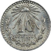 Mexico 10 Centavos Radiant Cap 1919 KM# 429 LIBERTAD 10 M CENTAVOS 1919 coin reverse