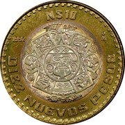 Mexico 10 Nuevos Pesos Aztec Carving 1992 KM# 553 N$10 1995 MO DIEZ NUEVOS PESOS coin reverse Mexico 10 Nuevos Pesos Aztec Carving 1992 KM# 553 N$10 1995 MO DIEZ NUEVOS PESOS coin reverse