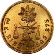 Mexico 10 Pesos Radiant Cap & Scales 1870 KM# 413.8 LIBERTAD OA E DIEZ PESOS 875 coin reverse Mexico 10 Pesos Radiant Cap & Scales 1870 KM# 413.8 LIBERTAD OA E DIEZ PESOS 875 coin reverse