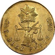 Mexico 10 Pesos Radiant Cap & Scales 1870 KM# 413.4 LIBERTAD GA G DIEZ PESOS 875 coin reverse Mexico 10 Pesos Radiant Cap & Scales 1870 KM# 413.4 LIBERTAD GA G DIEZ PESOS 875 coin reverse