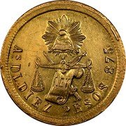 Mexico 10 Pesos Radiant Cap & Scales 1874 KM# 413 LIBERTAD LEY AS DI DIEZ PESOS 875 coin reverse Mexico 10 Pesos Radiant Cap & Scales 1874 KM# 413 LIBERTAD LEY AS DI DIEZ PESOS 875 coin reverse