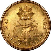 Mexico 10 Pesos Eagle. Cap and Scales 1890 KM# 413.2 LIBERTAD CN M DIEZ PESOS 875 coin reverse Mexico 10 Pesos Eagle. Cap and Scales 1890 KM# 413.2 LIBERTAD CN M DIEZ PESOS 875 coin reverse
