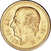 Mexico 10 Pesos Miguel Hidalgo y Costilla 1920 KM# 473 DIEZ PESOS M 1905 coin reverse Mexico 10 Pesos Miguel Hidalgo y Costilla 1920 KM# 473 DIEZ PESOS M 1905 coin reverse