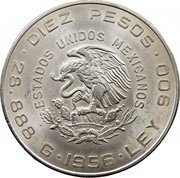 Mexico 10 Pesos Miguel Hidalgo y Costilla 1956 KM# 474 DIEZ PESOS ESTADOS UNIDOS MEXICANOS 28.888 G 1956 LEY 900 coin obverse