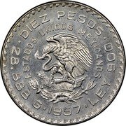 Mexico 10 Pesos 100th Anniversary of Constitution 1957 KM# 475 DIEZ PESOS ESTADOS UNIDOS MEXICANOS 28.888 G 1957 LEY 900 coin obverse Mexico 10 Pesos 100th Anniversary of Constitution 1957 KM# 475 DIEZ PESOS ESTADOS UNIDOS MEXICANOS 28.888 G 1957 LEY 900 coin obverse
