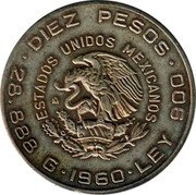 Mexico 10 Pesos 150th Anniversary of the War of Independence 1960 KM# 476 DIEZ PESOS 28.888 G 1960 LEY 900 ESTADOS UNIDOS MEXICANOS MO coin obverse Mexico 10 Pesos 150th Anniversary of the War of Independence 1960 KM# 476 DIEZ PESOS 28.888 G 1960 LEY 900 ESTADOS UNIDOS MEXICANOS MO coin obverse