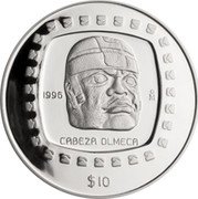 Mexico 10 Pesos Olmec Colossal Head 1996 KM# 599 1995 MO CABEZA OLMECA $10 coin reverse Mexico 10 Pesos Olmec Colossal Head 1996 KM# 599 1995 MO CABEZA OLMECA $10 coin reverse