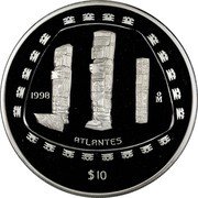 Mexico 10 Pesos Atlantes 1998 KM# 634 1998 MO ATLANTES $10 coin reverse Mexico 10 Pesos Atlantes 1998 KM# 634 1998 MO ATLANTES $10 coin reverse