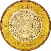 Mexico 10 Pesos Aztec Carving 2001 KM# 636 $10 MO AÑO 2001 coin reverse Mexico 10 Pesos Aztec Carving 2001 KM# 636 $10 MO AÑO 2001 coin reverse