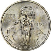 Mexico 100 Pesos Jose Maria Morelos y Pavon 1977 KM# 483.1 CIEN PESOS MO 1977 PLATA PURA 20 GR. LEY .720 coin reverse Mexico 100 Pesos Jose Maria Morelos y Pavon 1977 KM# 483.1 CIEN PESOS MO 1977 PLATA PURA 20 GR. LEY .720 coin reverse